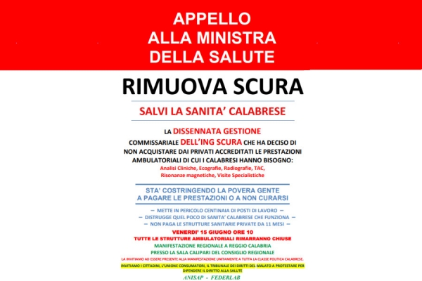 Appello alla Ministra della Salute Giulia Grillo: Rimuova Scura - 15 giugno 2018 tutte le strutture ambulatoriali rimarranno chiuse